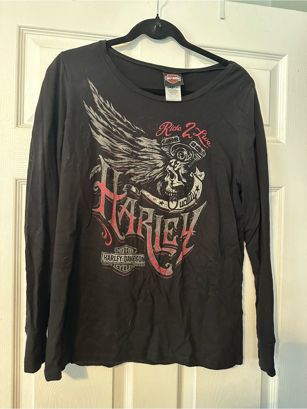 Harley-Davidson Black T-Shirt with Winged Skull and Red Metallic Accents